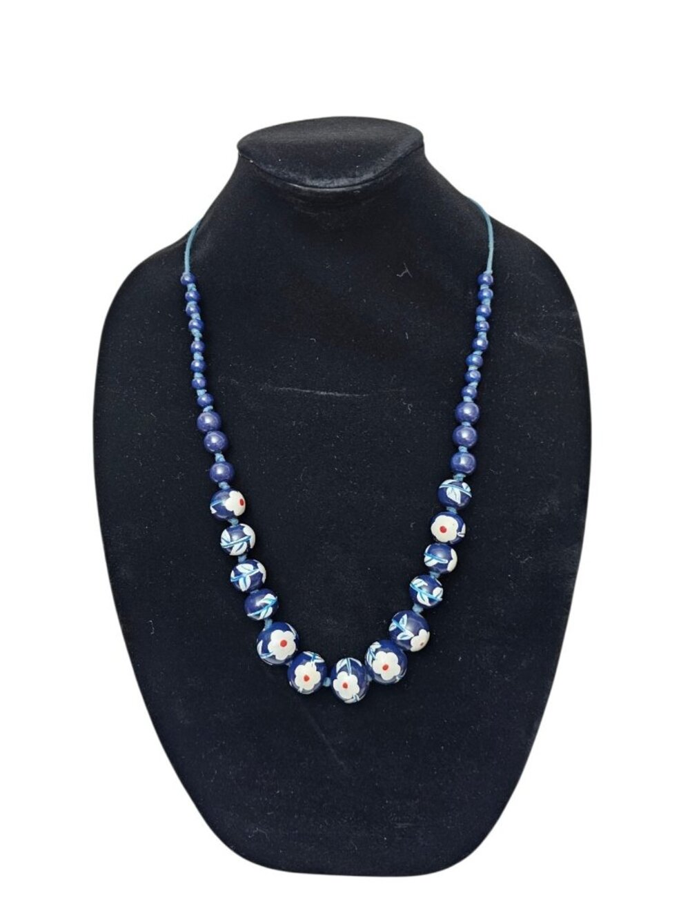 Vintage Hand Painted Floral Beaded Necklace Blue White Red Artisan Boho Piece.